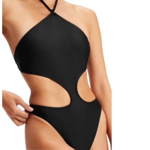 Fabletics Noa String Tie One-Piece Swimsuit Size L Black Halter Cutout Back Tie - Picture 3 of 5